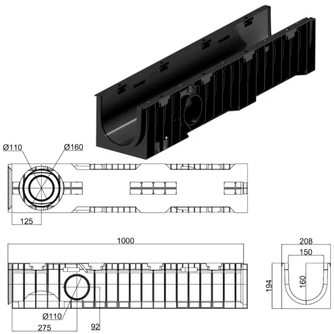 ACO-canal-drenaje-CANAL-DRENAJE-PLASTICO-XTRALINE-150-C250-CNL XTRALINE 150 H194-160 L1000MM