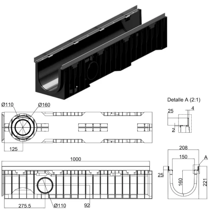 ACO-canal-drenaje-CANAL-DRENAJE-PLASTICO-XTRALINE-B-150-F900-CNL XTRALINE B 150 H221-160 CON BAST.-F900